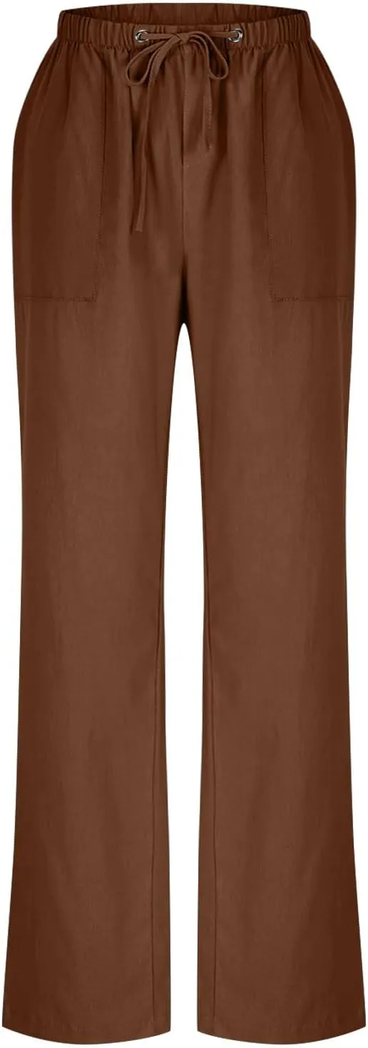 Linen Pants Women Summer Wide Leg High Waisted Casual Pant Drawstring Elastic Waist Palazzo Beach Trousers with Pockets