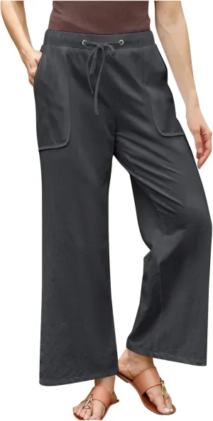 Linen Pants Women Summer Wide Leg High Waisted Casual Pant Drawstring Elastic Waist Palazzo Beach Trousers with Pockets