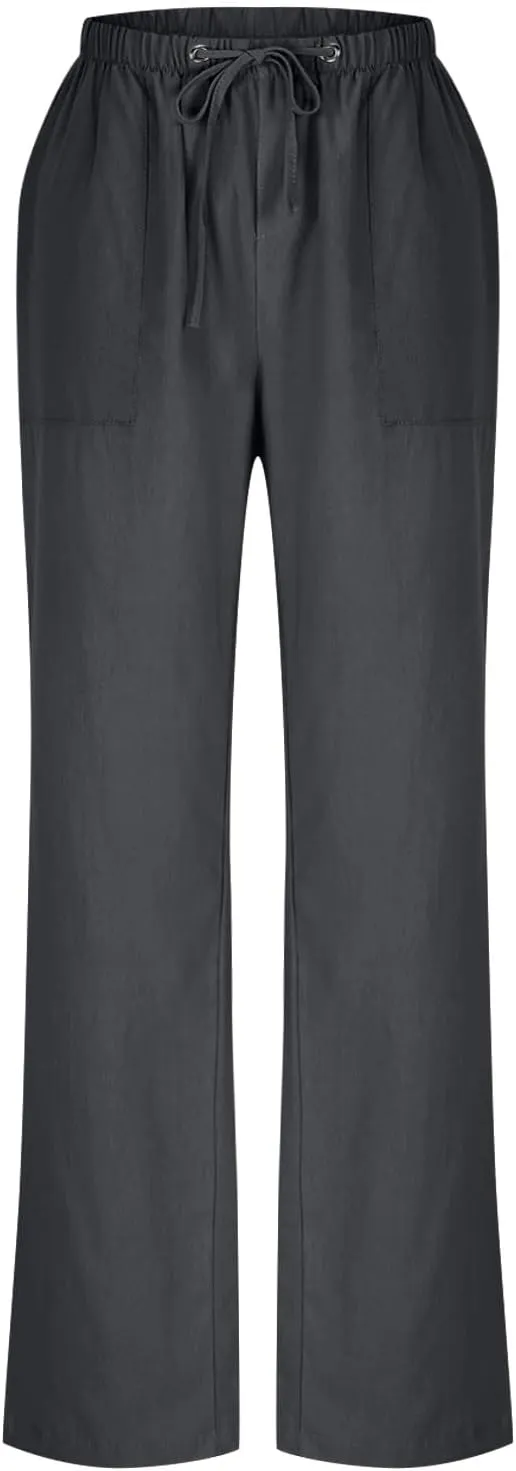 Linen Pants Women Summer Wide Leg High Waisted Casual Pant Drawstring Elastic Waist Palazzo Beach Trousers with Pockets