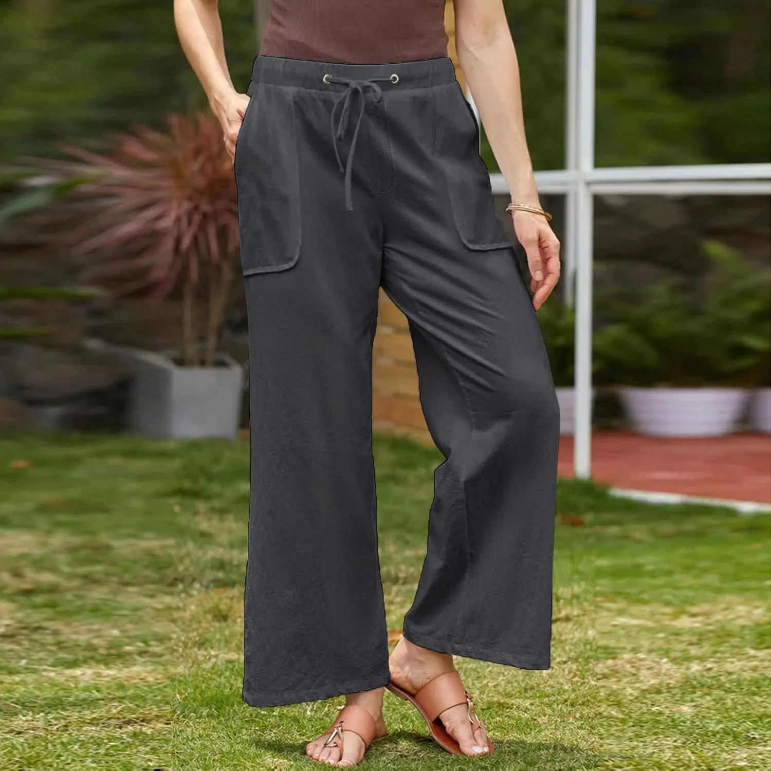 Linen Pants Women Summer Wide Leg High Waisted Casual Pant Drawstring Elastic Waist Palazzo Beach Trousers with Pockets