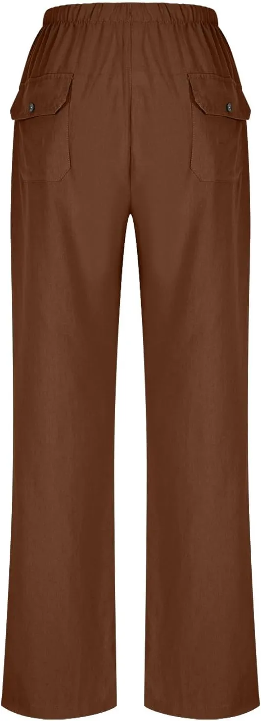 Linen Pants Women Summer Wide Leg High Waisted Casual Pant Drawstring Elastic Waist Palazzo Beach Trousers with Pockets