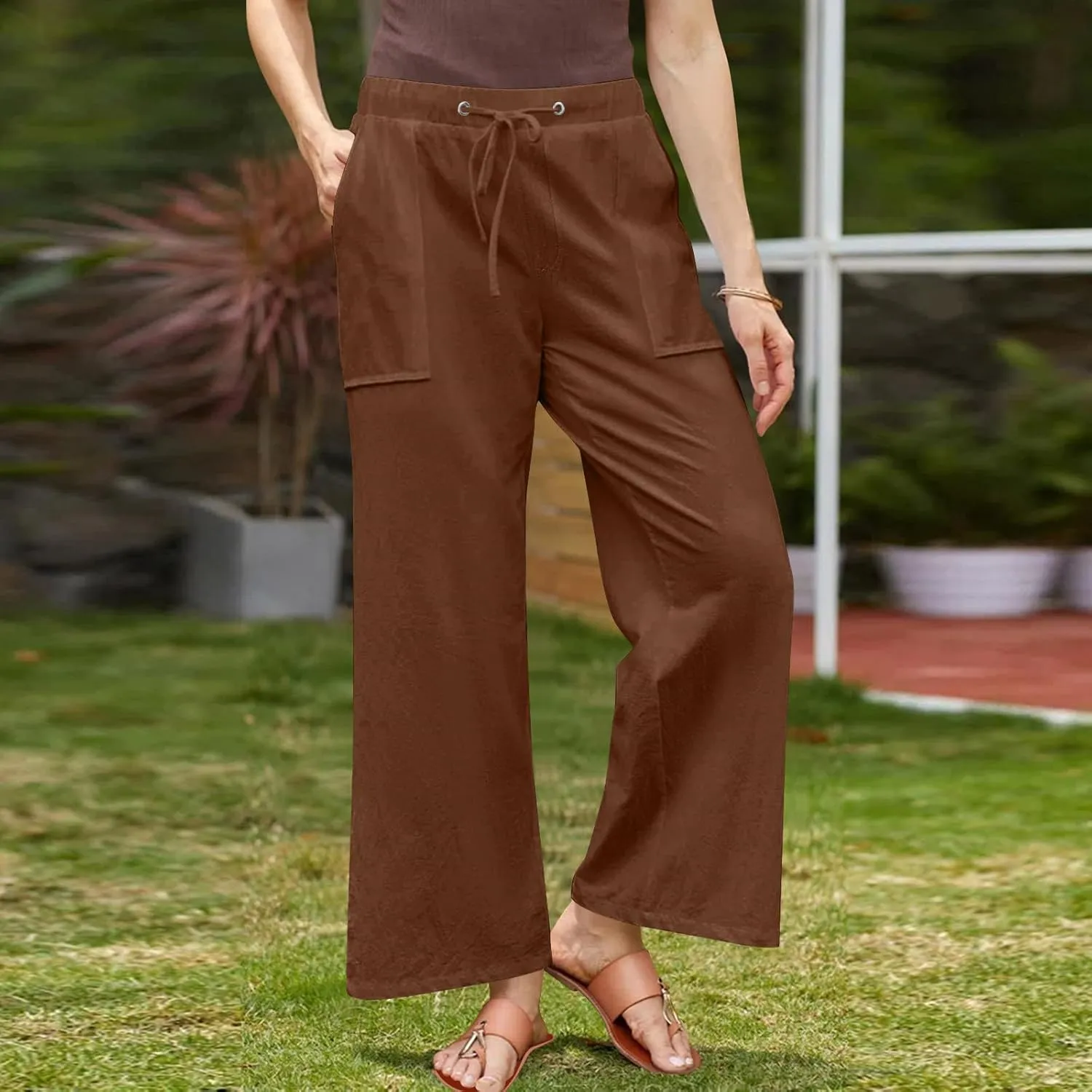 Linen Pants Women Summer Wide Leg High Waisted Casual Pant Drawstring Elastic Waist Palazzo Beach Trousers with Pockets