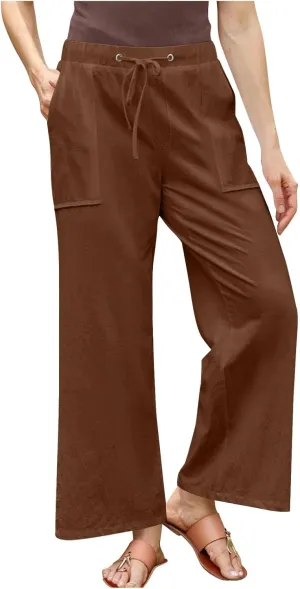 Linen Pants Women Summer Wide Leg High Waisted Casual Pant Drawstring Elastic Waist Palazzo Beach Trousers with Pockets