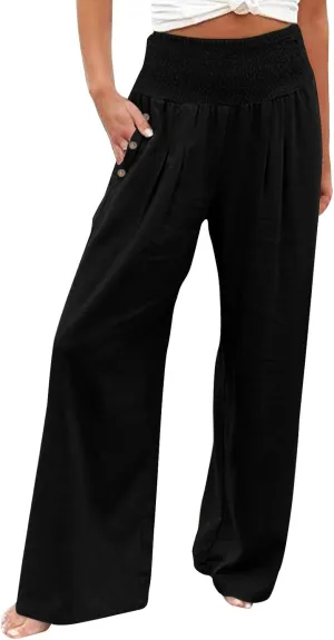Linen Pants Women Summer Wide Leg Pant Ruffle Hem Loose Fit Boho Beach Palazzo Trousers with Pocket 2025