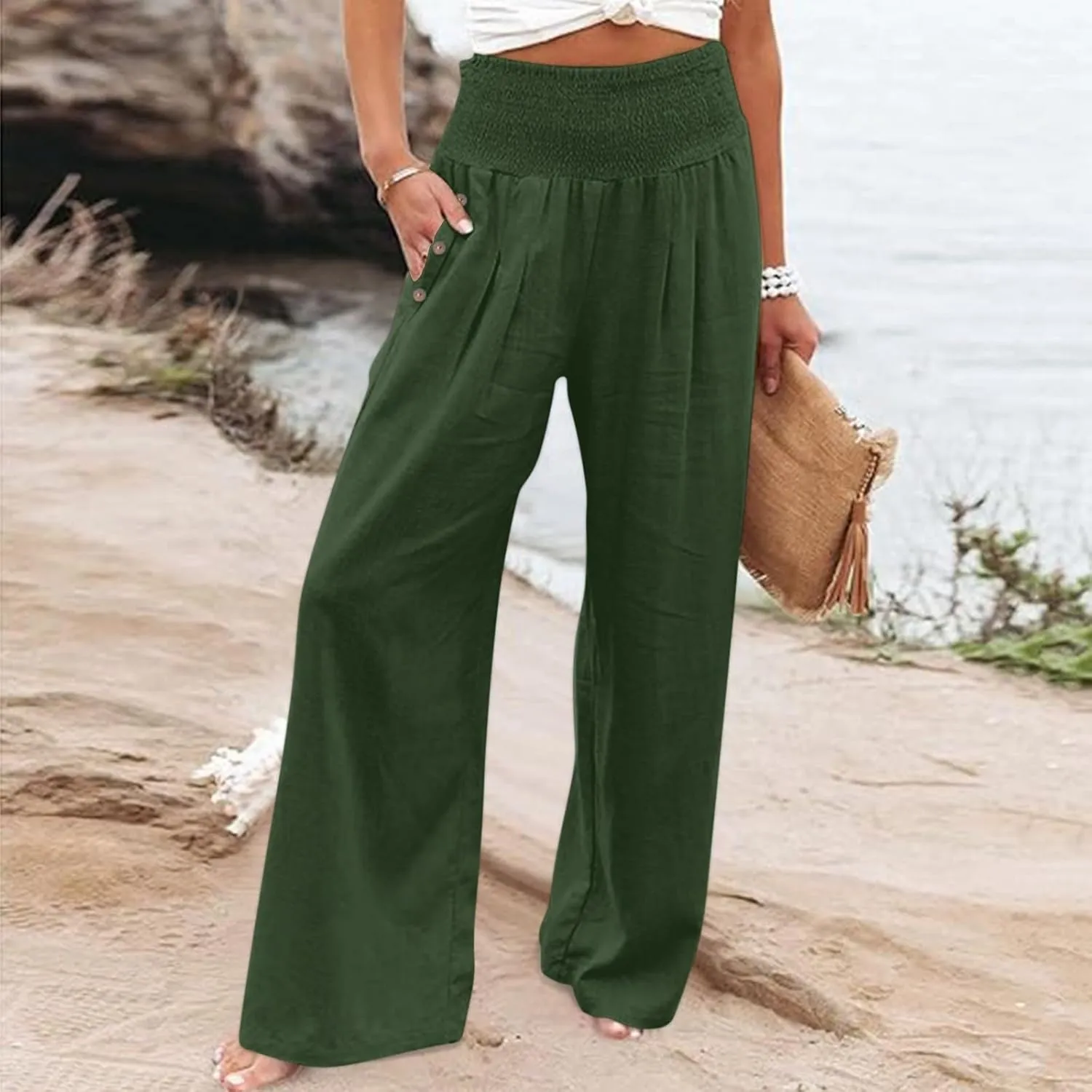 Linen Pants Women Summer Wide Leg Pant Ruffle Hem Loose Fit Boho Beach Palazzo Trousers with Pocket 2025