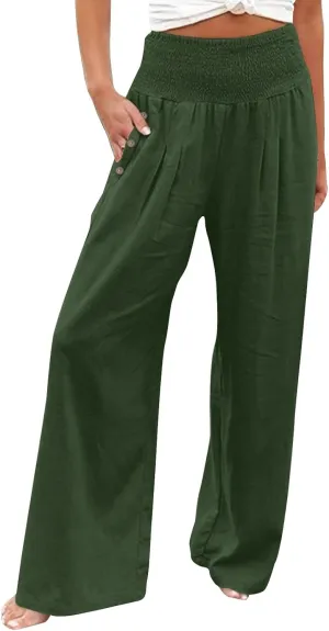 Linen Pants Women Summer Wide Leg Pant Ruffle Hem Loose Fit Boho Beach Palazzo Trousers with Pocket 2025