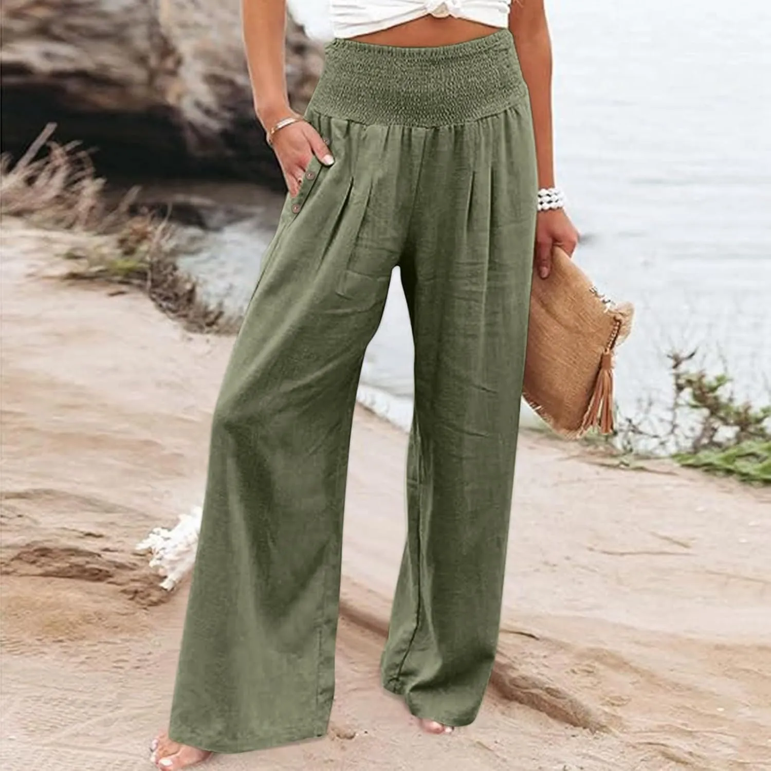 Linen Pants Women Summer Wide Leg Pant Ruffle Hem Loose Fit Boho Beach Palazzo Trousers with Pocket 2025