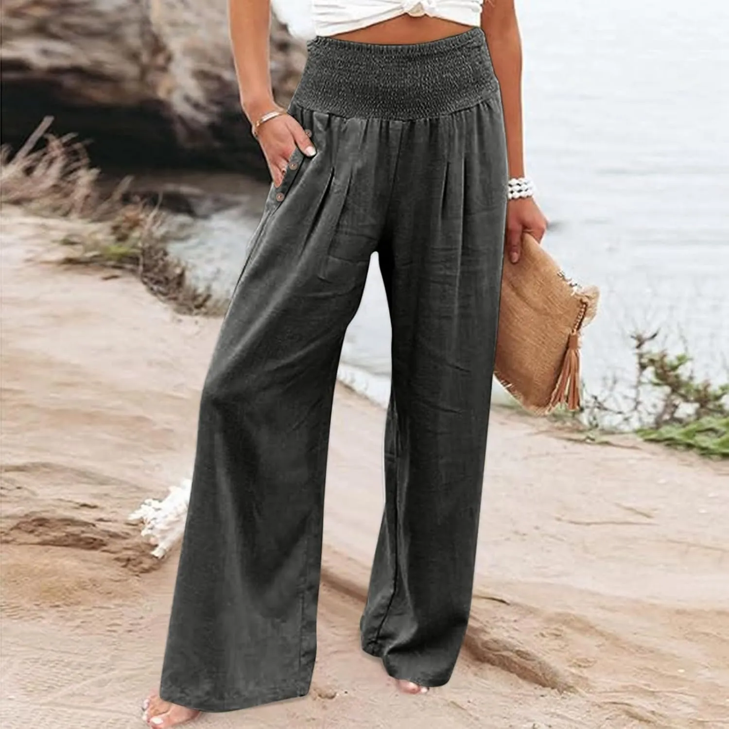 Linen Pants Women Summer Wide Leg Pant Ruffle Hem Loose Fit Boho Beach Palazzo Trousers with Pocket 2025