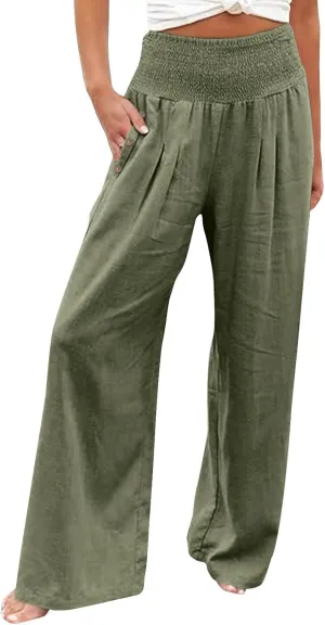 Linen Pants Women Summer Wide Leg Pant Ruffle Hem Loose Fit Boho Beach Palazzo Trousers with Pocket 2025