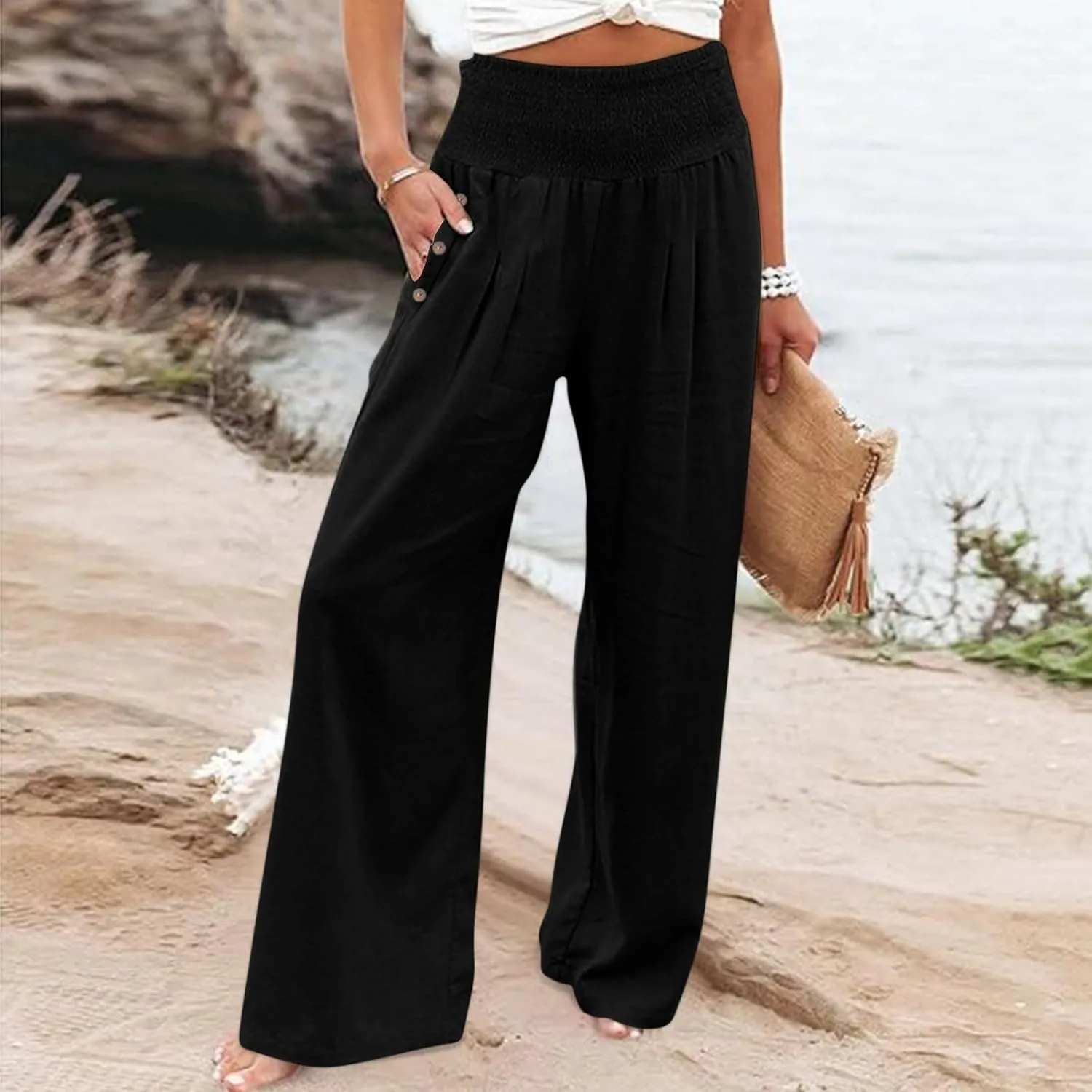 Linen Pants Women Summer Wide Leg Pant Ruffle Hem Loose Fit Boho Beach Palazzo Trousers with Pocket 2025