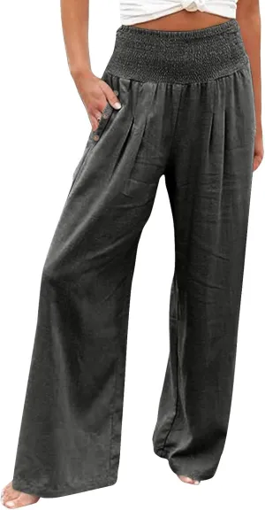 Linen Pants Women Summer Wide Leg Pant Ruffle Hem Loose Fit Boho Beach Palazzo Trousers with Pocket 2025