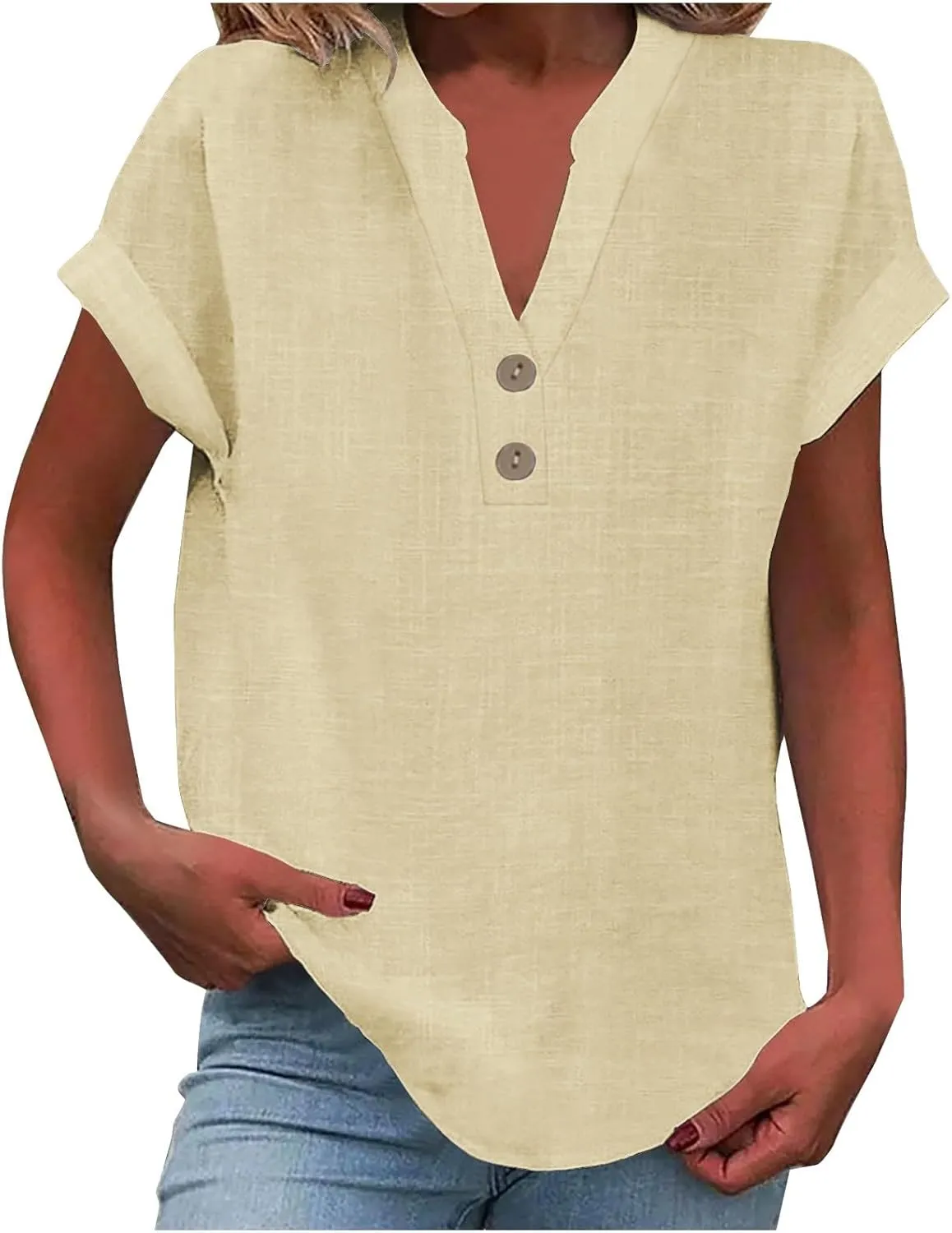 Linen Shirts for Women V Neck Cap Sleeve Summer Tops 2025 Women Casual Button Down Shirts Solid Business Work Blouses