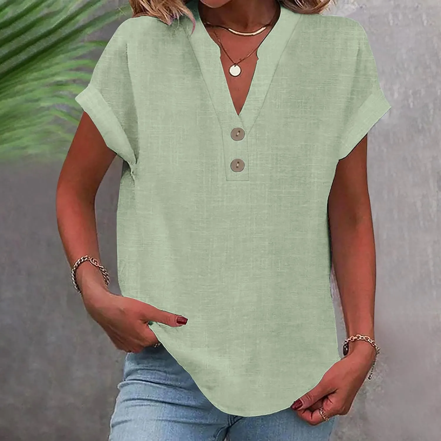 Linen Shirts for Women V Neck Cap Sleeve Summer Tops 2025 Women Casual Button Down Shirts Solid Business Work Blouses