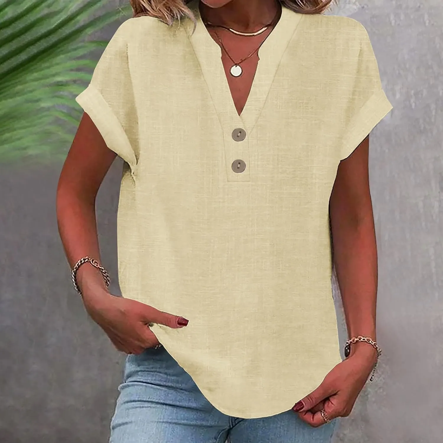 Linen Shirts for Women V Neck Cap Sleeve Summer Tops 2025 Women Casual Button Down Shirts Solid Business Work Blouses