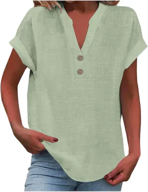 Linen Shirts for Women V Neck Cap Sleeve Summer Tops 2025 Women Casual Button Down Shirts Solid Business Work Blouses