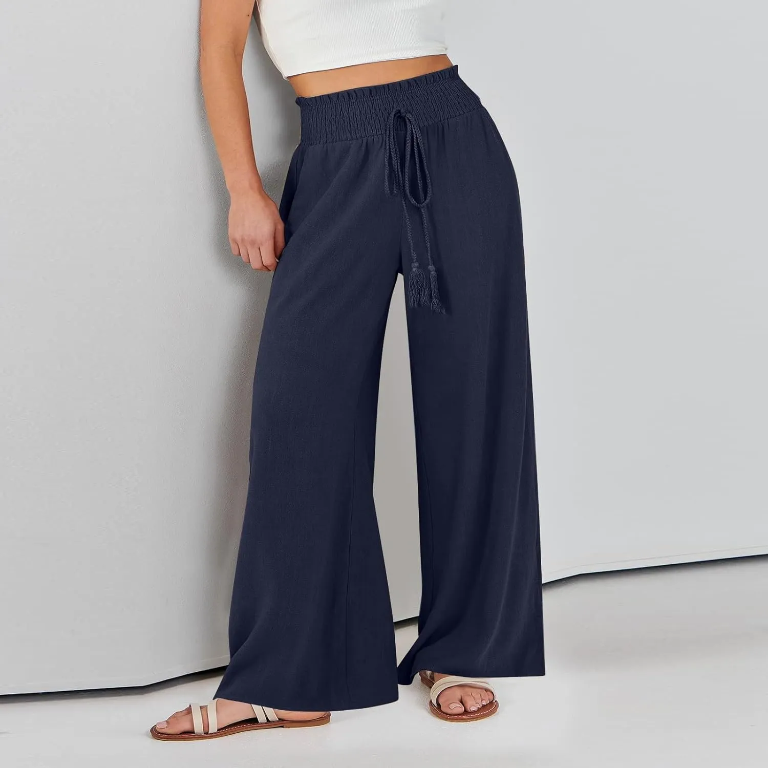 Linen Wide Leg Pants for Women Petite Summer Beach Drawstring Palazzo Flowy Lounging with Pockets Travel Lounge 2024