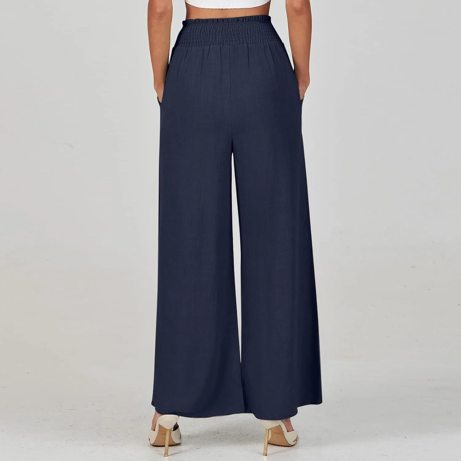 Linen Wide Leg Pants for Women Petite Summer Beach Drawstring Palazzo Flowy Lounging with Pockets Travel Lounge 2024