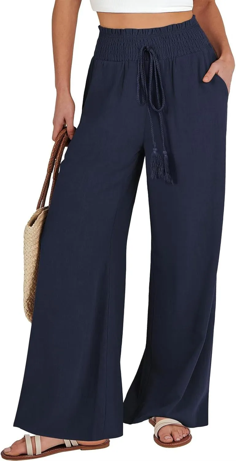 Linen Wide Leg Pants for Women Petite Summer Beach Drawstring Palazzo Flowy Lounging with Pockets Travel Lounge 2024