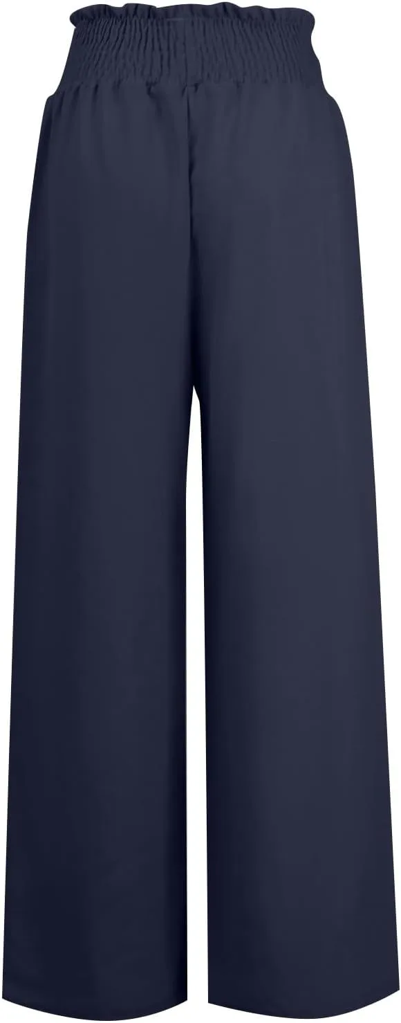 Linen Wide Leg Pants for Women Petite Summer Beach Drawstring Palazzo Flowy Lounging with Pockets Travel Lounge 2024