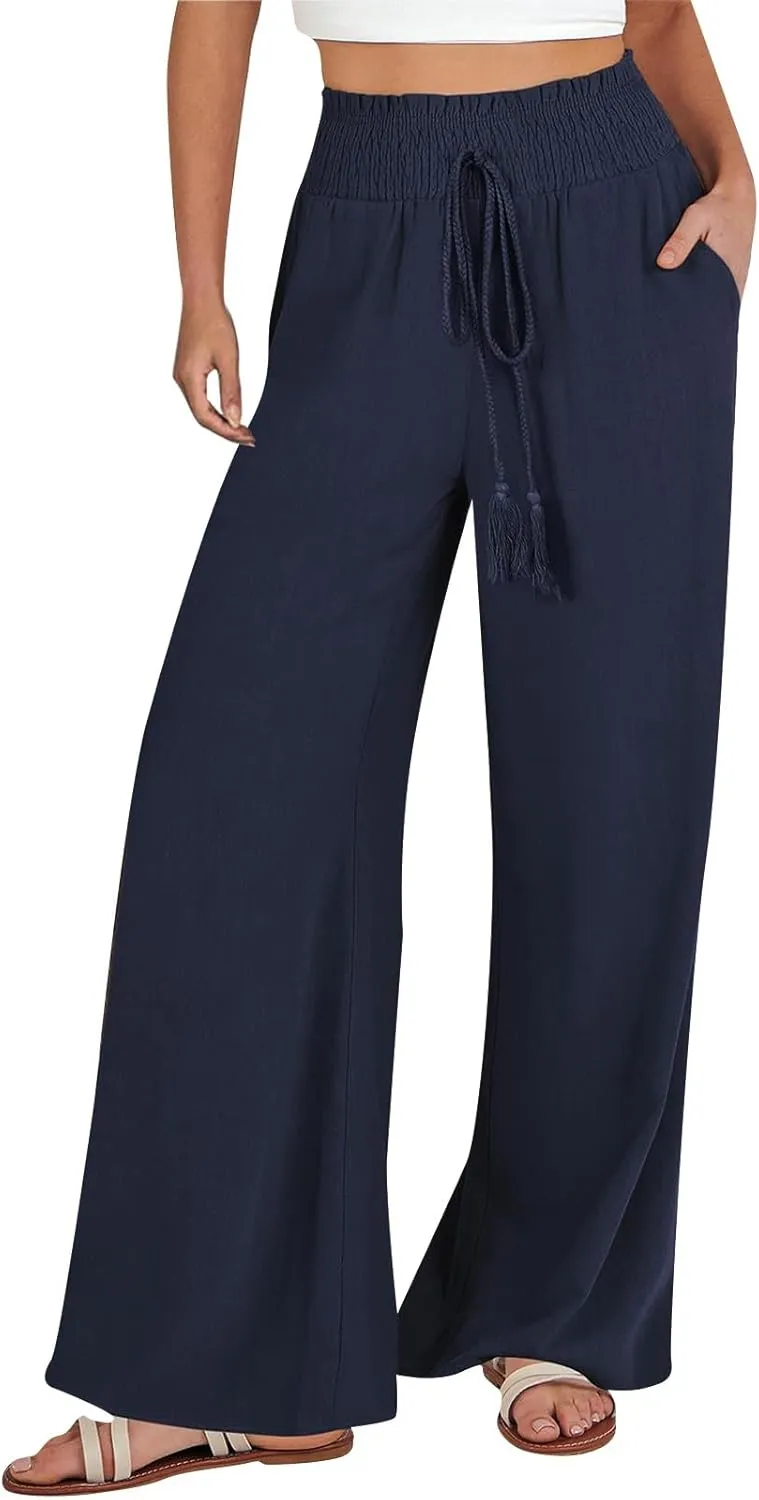 Linen Wide Leg Pants for Women Petite Summer Beach Drawstring Palazzo Flowy Lounging with Pockets Travel Lounge 2024