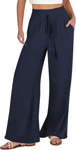 Linen Wide Leg Pants for Women Petite Summer Beach Drawstring Palazzo Flowy Lounging with Pockets Travel Lounge 2024