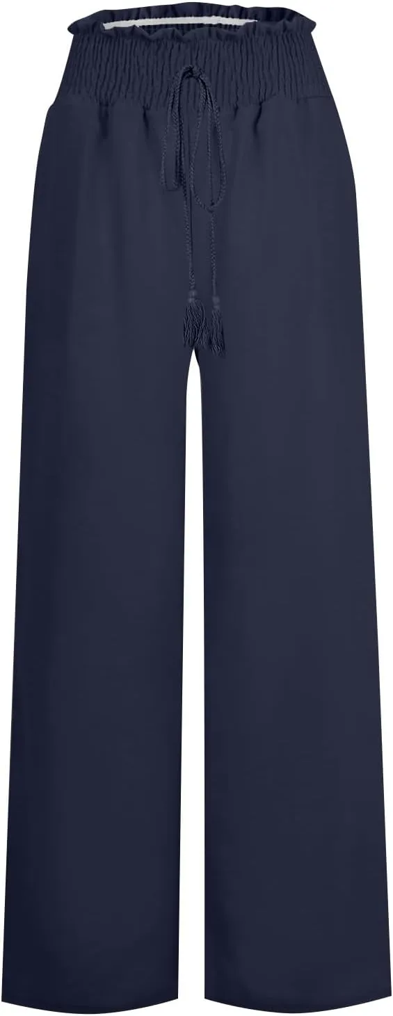 Linen Wide Leg Pants for Women Petite Summer Beach Drawstring Palazzo Flowy Lounging with Pockets Travel Lounge 2024