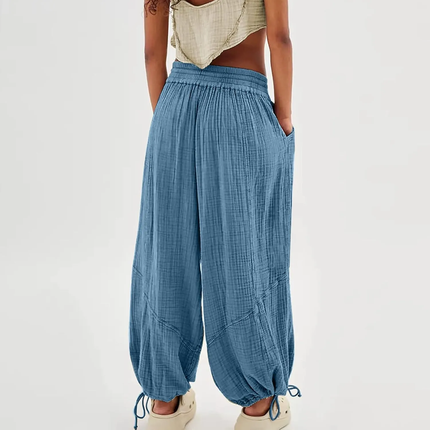 Litetao Wide Leg Pants Women Plus Size Comfy Hippie Harem Pants Baggy Linen High Waist Sweatpants Casual Trouser with Pockets