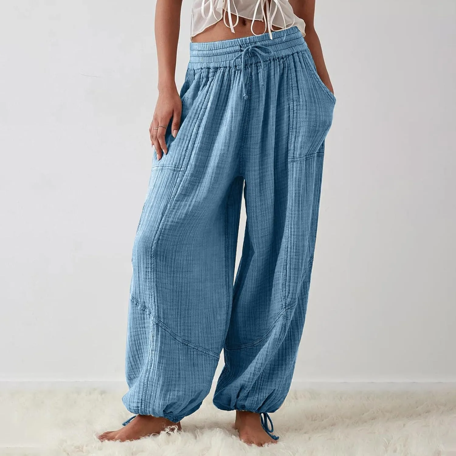 Litetao Wide Leg Pants Women Plus Size Comfy Hippie Harem Pants Baggy Linen High Waist Sweatpants Casual Trouser with Pockets