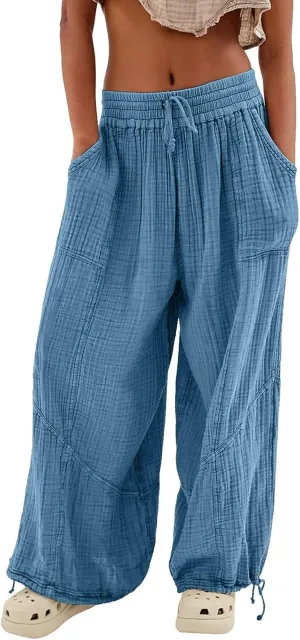 Litetao Wide Leg Pants Women Plus Size Comfy Hippie Harem Pants Baggy Linen High Waist Sweatpants Casual Trouser with Pockets