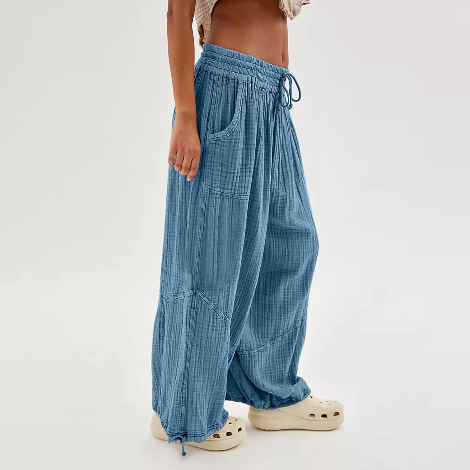 Litetao Wide Leg Pants Women Plus Size Comfy Hippie Harem Pants Baggy Linen High Waist Sweatpants Casual Trouser with Pockets