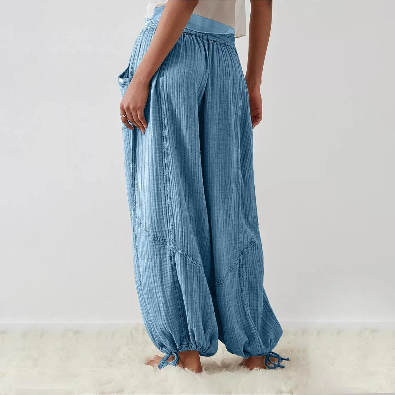 Litetao Wide Leg Pants Women Plus Size Comfy Hippie Harem Pants Baggy Linen High Waist Sweatpants Casual Trouser with Pockets