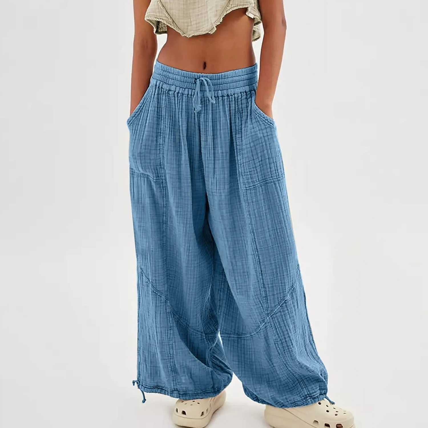 Litetao Wide Leg Pants Women Plus Size Comfy Hippie Harem Pants Baggy Linen High Waist Sweatpants Casual Trouser with Pockets