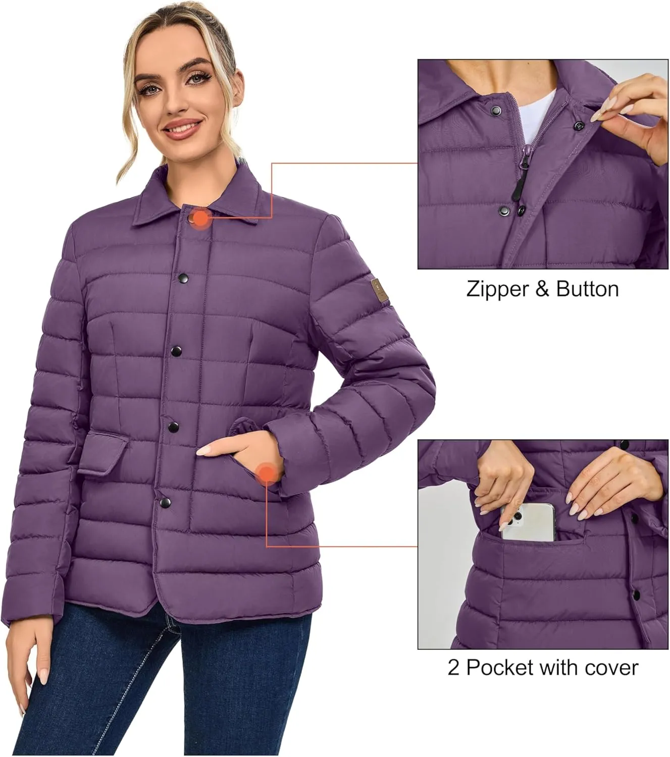 Little Donkey Andy Women's Warm Windproof Puffer Jacket Lightweight Breathable Jacket Winter Long-Sleeve Insulated Coat