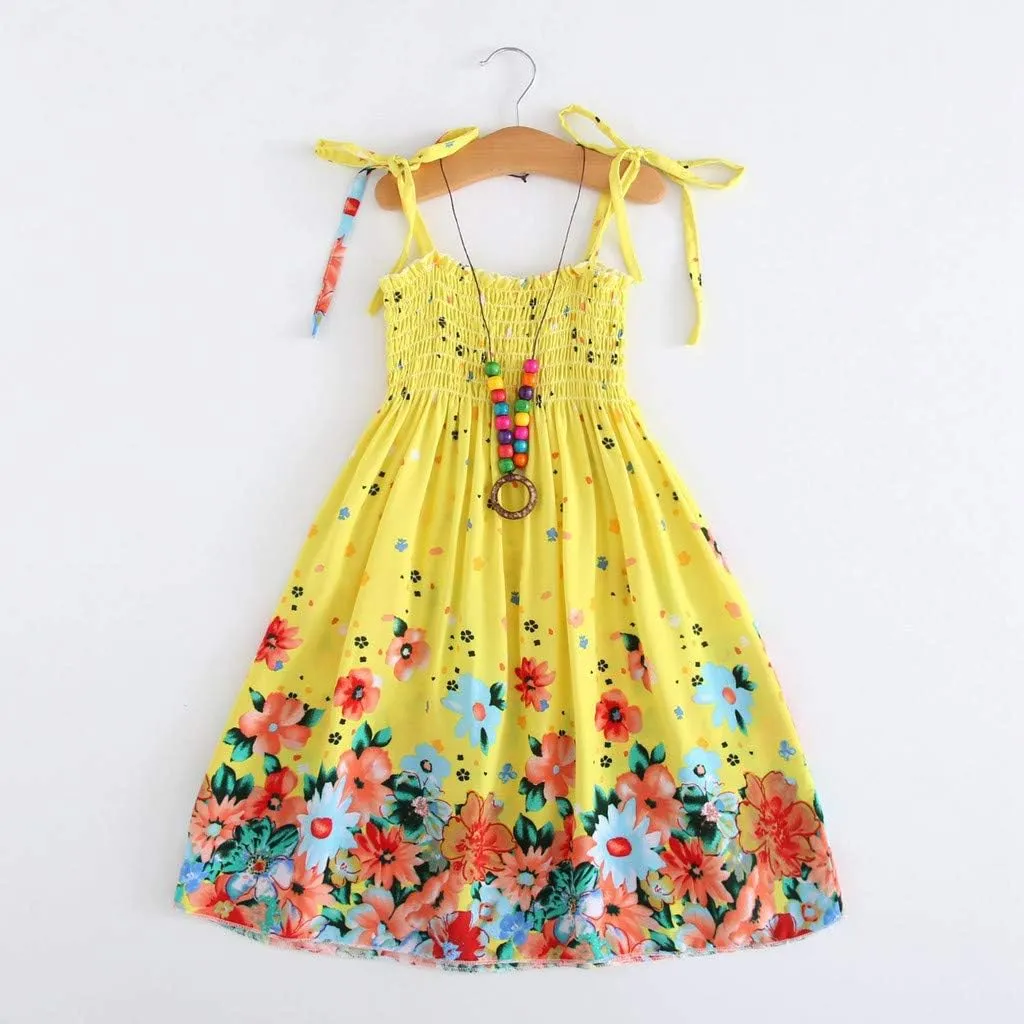 Little Girls Bohemian Dresses Floral Sleeveless Rainbow Beach Sundress with Necklace Summer Casual Dress