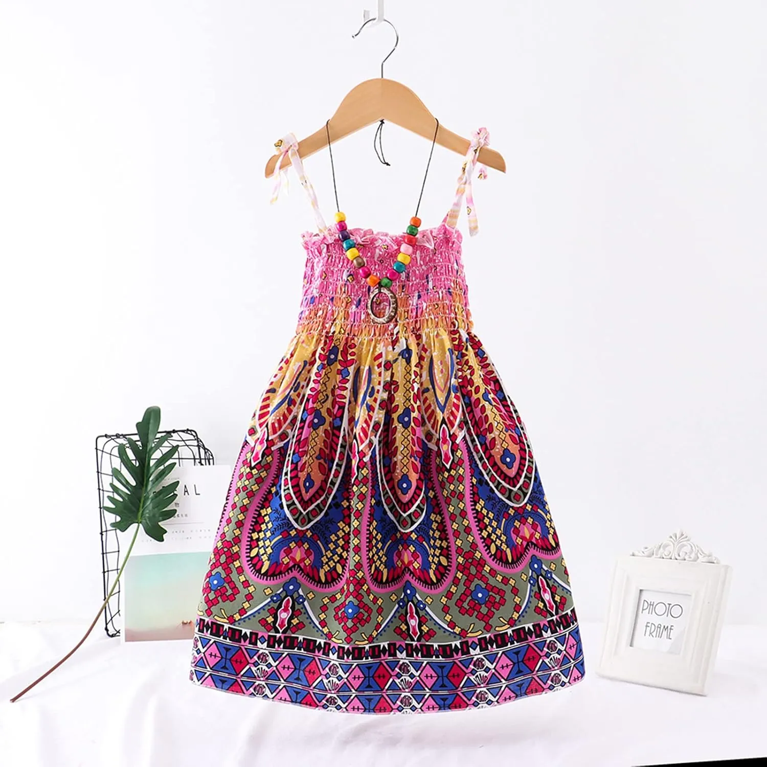 Little Girls Bohemian Dresses Floral Sleeveless Rainbow Beach Sundress with Necklace Summer Casual Dress