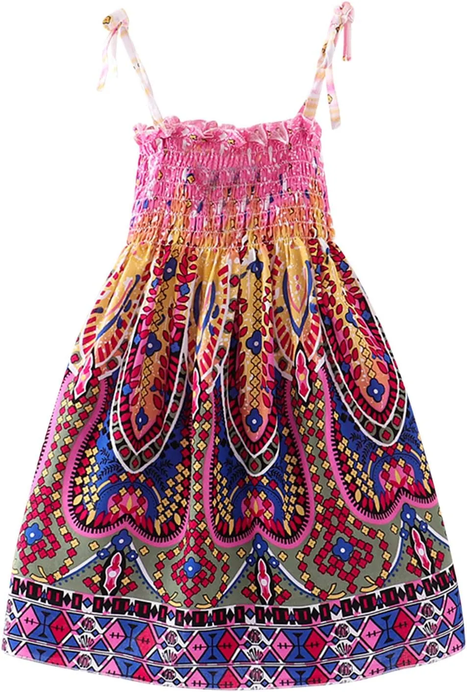 Little Girls Bohemian Dresses Floral Sleeveless Rainbow Beach Sundress with Necklace Summer Casual Dress