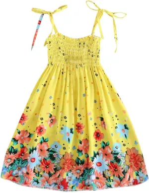 Little Girls Bohemian Dresses Floral Sleeveless Rainbow Beach Sundress with Necklace Summer Casual Dress