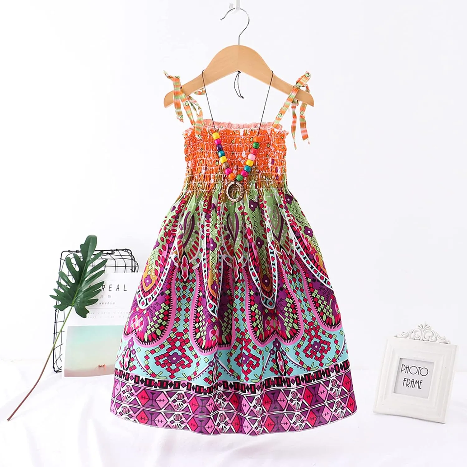 Little Girls Bohemian Dresses Floral Sleeveless Rainbow Beach Sundress with Necklace Summer Casual Dress