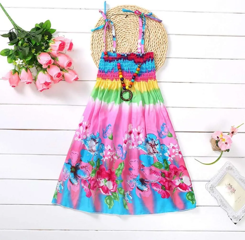 Little Girls Bohemian Dresses Floral Sleeveless Rainbow Beach Sundress with Necklace Summer Casual Dress