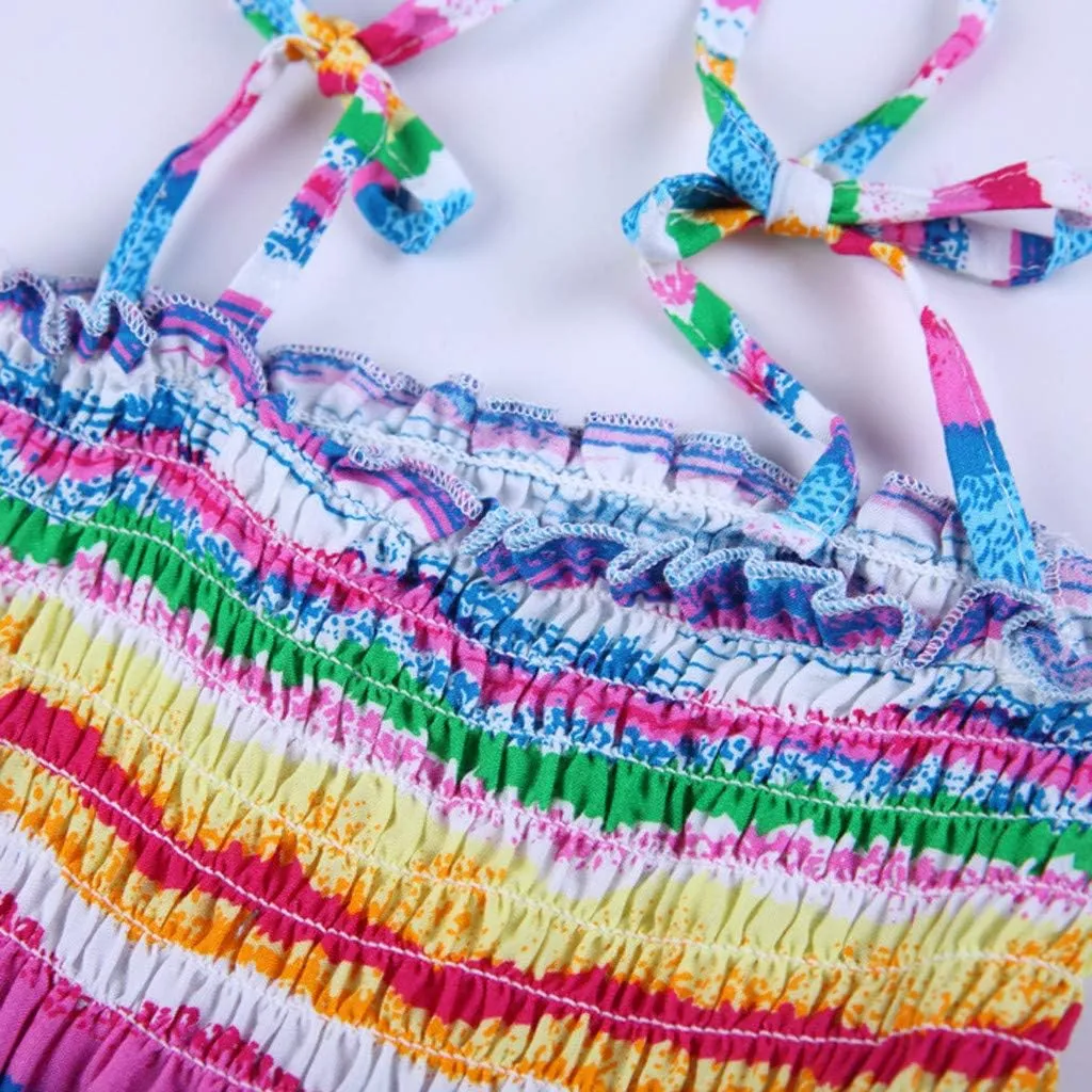 Little Girls Bohemian Dresses Floral Sleeveless Rainbow Beach Sundress with Necklace Summer Casual Dress