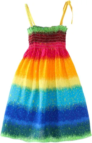 Little Girls Bohemian Dresses Floral Sleeveless Rainbow Beach Sundress with Necklace Summer Casual Dress