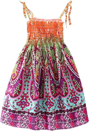 Little Girls Bohemian Dresses Floral Sleeveless Rainbow Beach Sundress with Necklace Summer Casual Dress
