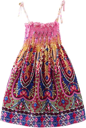 Little Girls Bohemian Dresses Floral Sleeveless Rainbow Beach Sundress with Necklace Summer Casual Dress