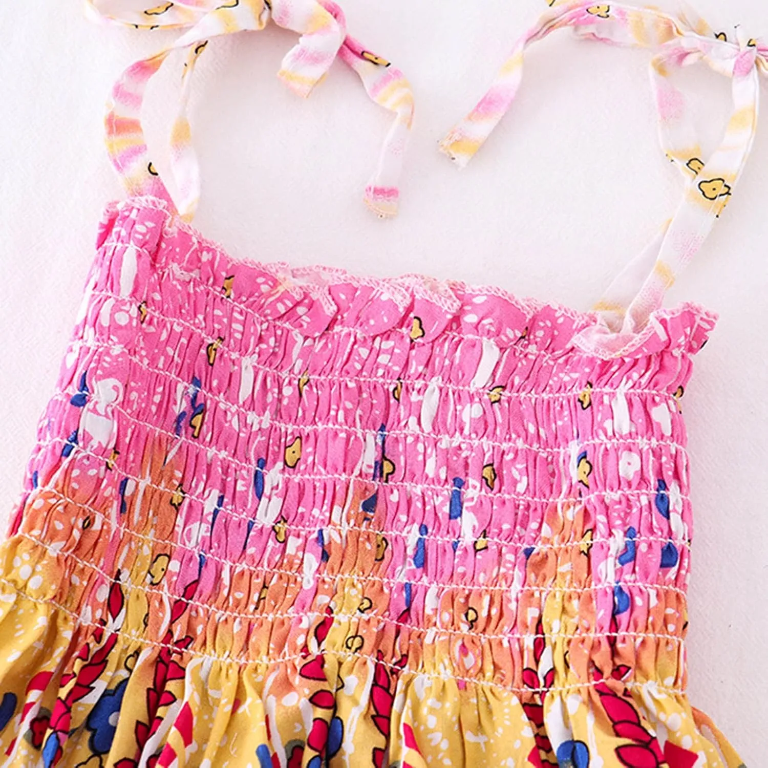 Little Girls Bohemian Dresses Floral Sleeveless Rainbow Beach Sundress with Necklace Summer Casual Dress