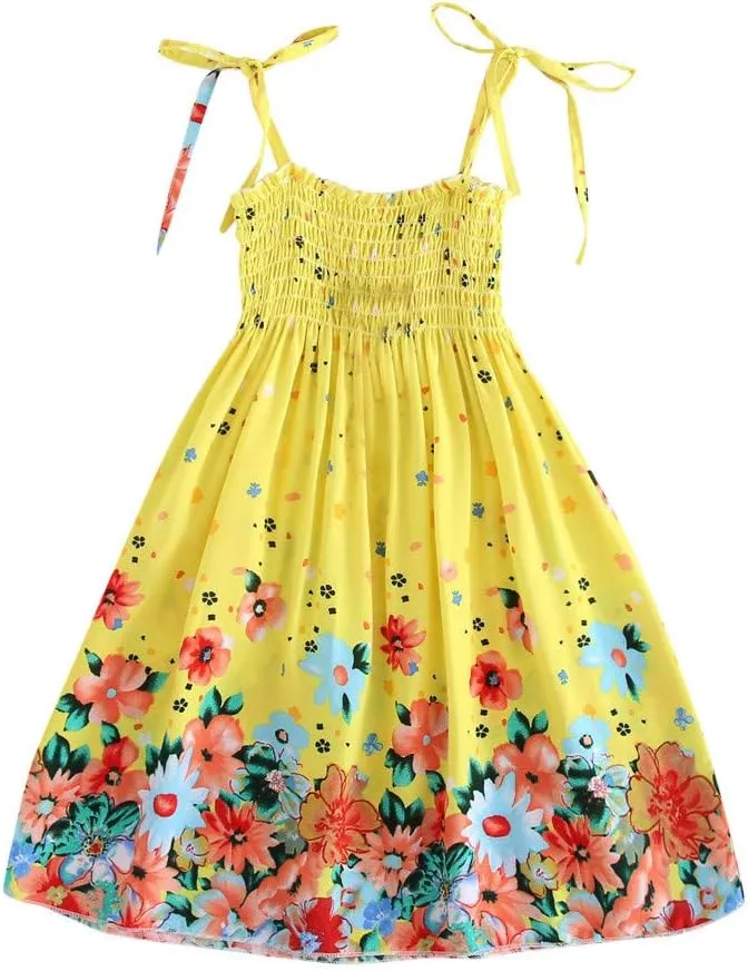 Little Girls Bohemian Dresses Floral Sleeveless Rainbow Beach Sundress with Necklace Summer Casual Dress