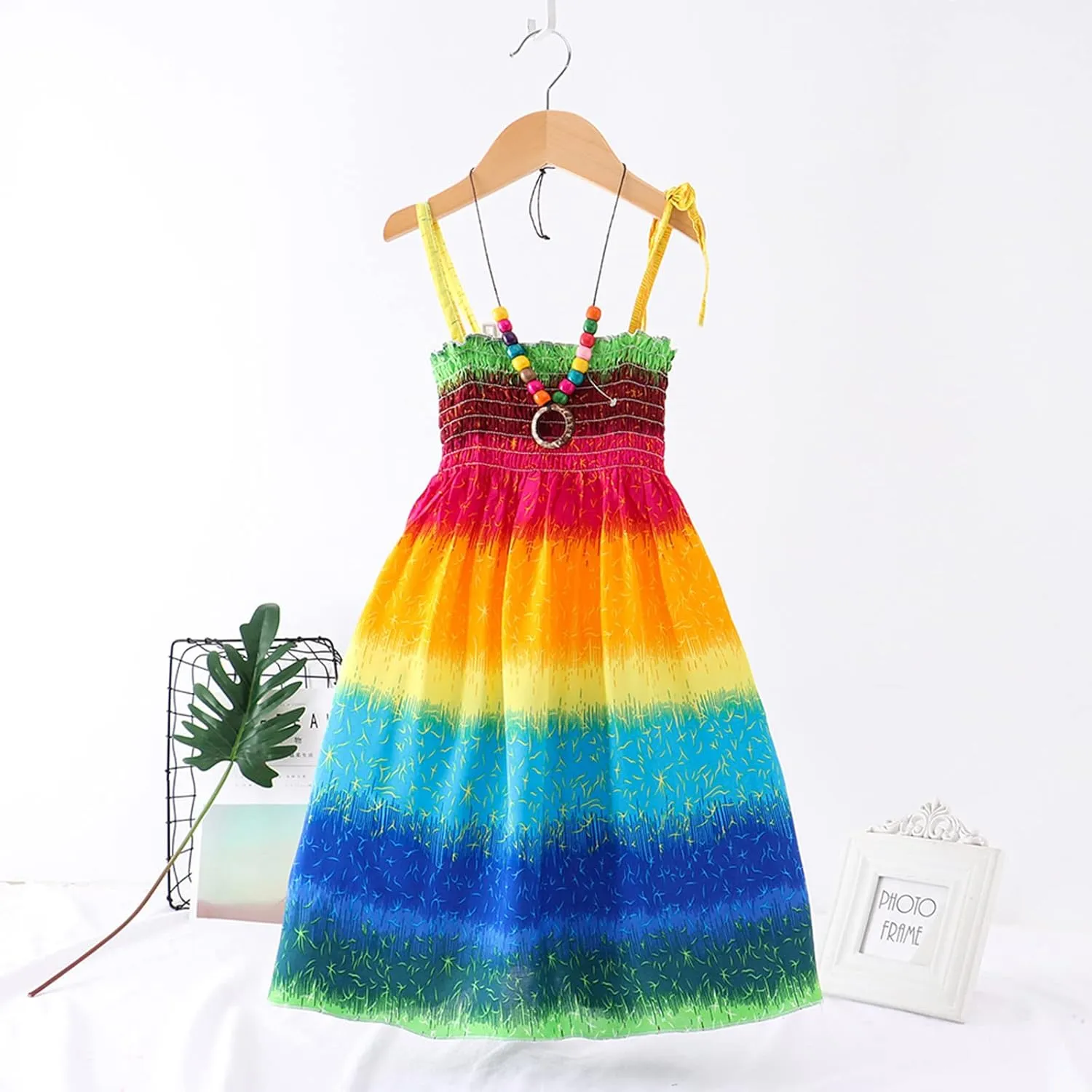 Little Girls Bohemian Dresses Floral Sleeveless Rainbow Beach Sundress with Necklace Summer Casual Dress