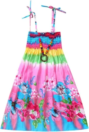 Little Girls Bohemian Dresses Floral Sleeveless Rainbow Beach Sundress with Necklace Summer Casual Dress