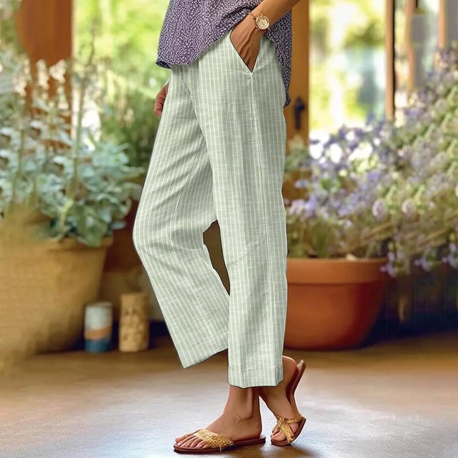 Lmdudan Cotton Linen Pants Women Elastic Waisted Drawstring Summer Cropped Pant Travel Vacation Beach Baggy Capri Trousers