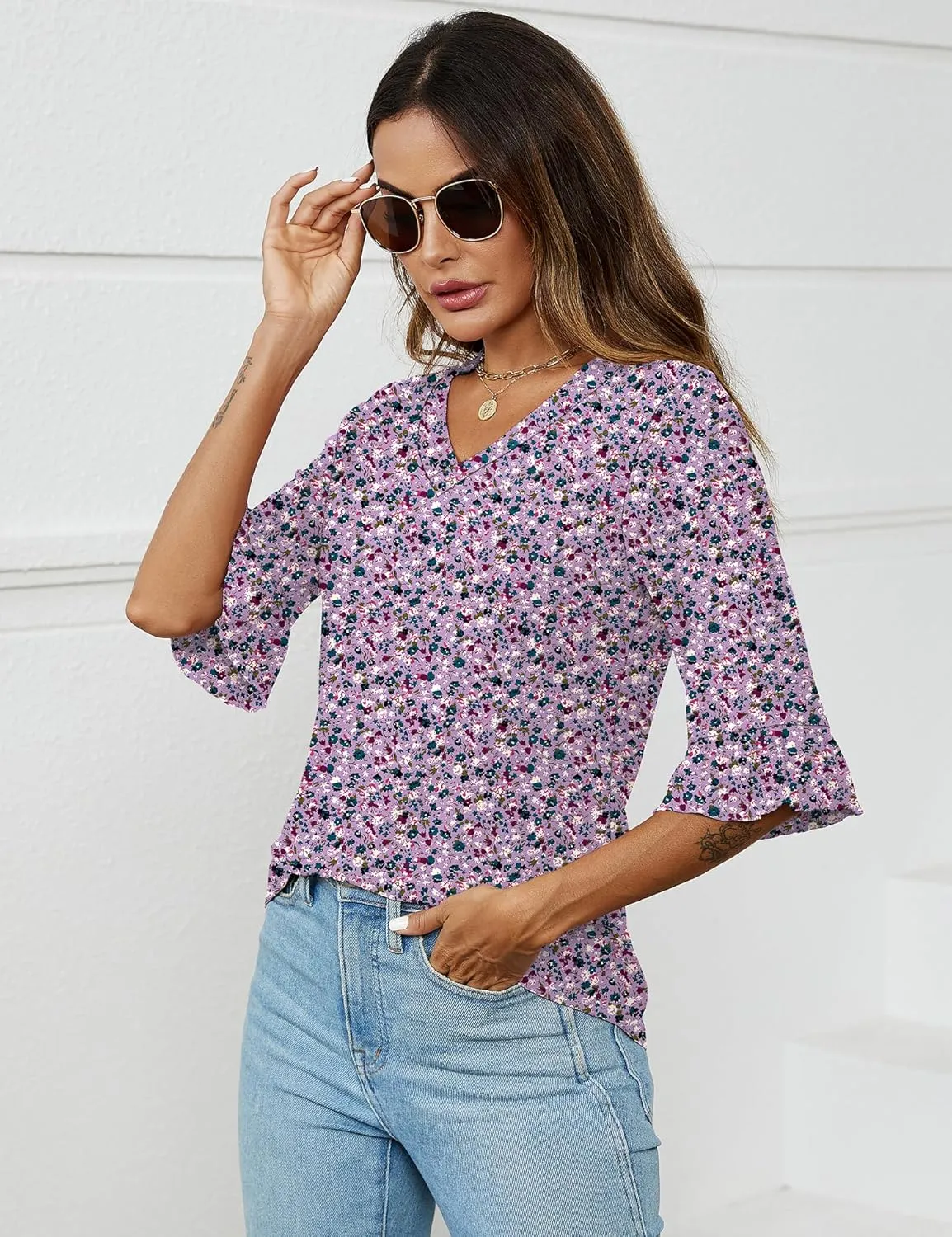 LOMON 3/4 Length Sleeve Womens Tops Summer V-Neck Blouses Spring Ruffle Sleeve Tunic T-Shirts Dressy Casual