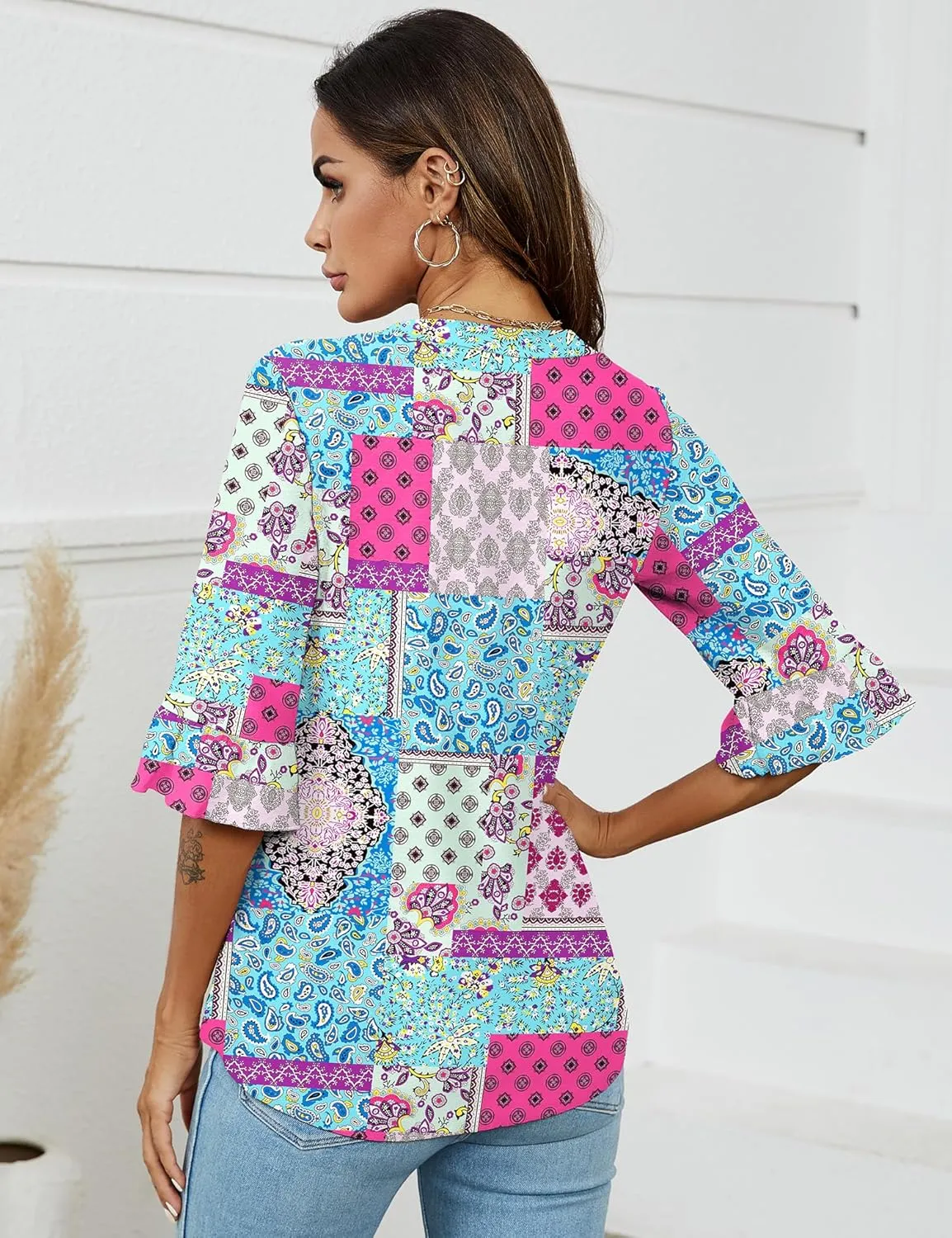 LOMON 3/4 Length Sleeve Womens Tops Summer V-Neck Blouses Spring Ruffle Sleeve Tunic T-Shirts Dressy Casual